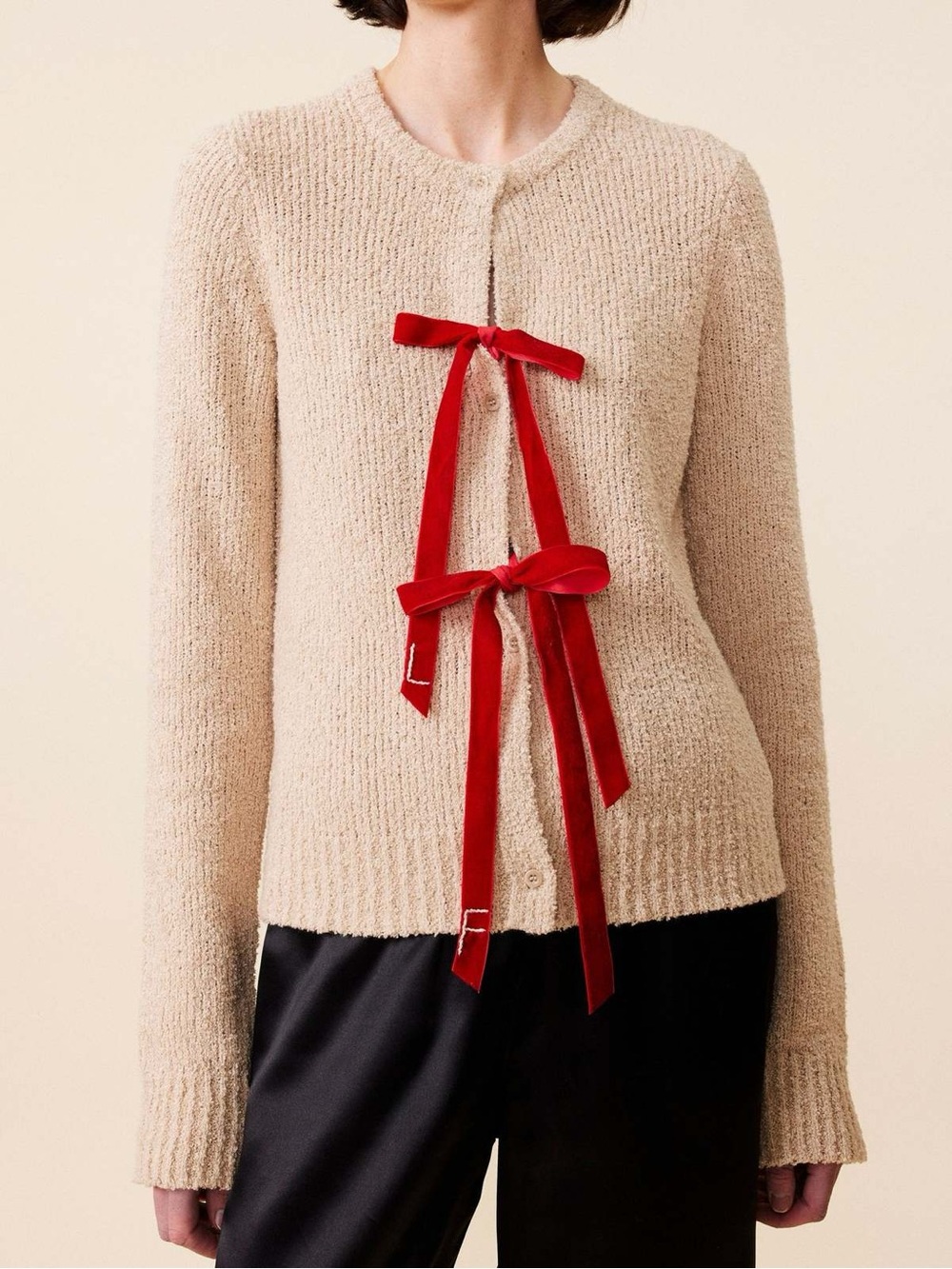 Beige Knit Cardigan with Red Velvet Bow Accents